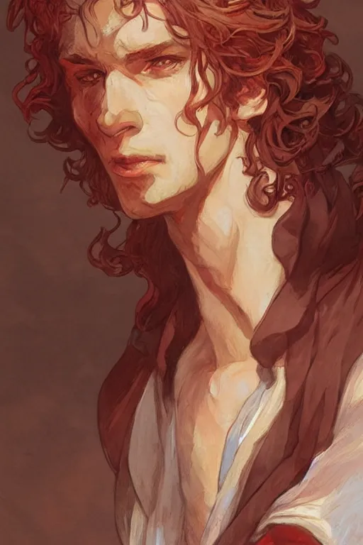 Image similar to enjolras from les miserables the musical, ray of light, shimmering and prismatic, rococo, by krenz cushart and mucha and monet, trending on artstation.