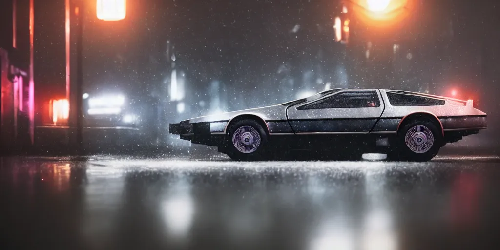 Image similar to close up macro shot of a delorean car on wet tokyo street at night, intricate, hyper detailed, smooth, high contrast, neon, volumetric lighting, octane, moebius, greg rutkowski, blade runner, ridley scott, cinematic