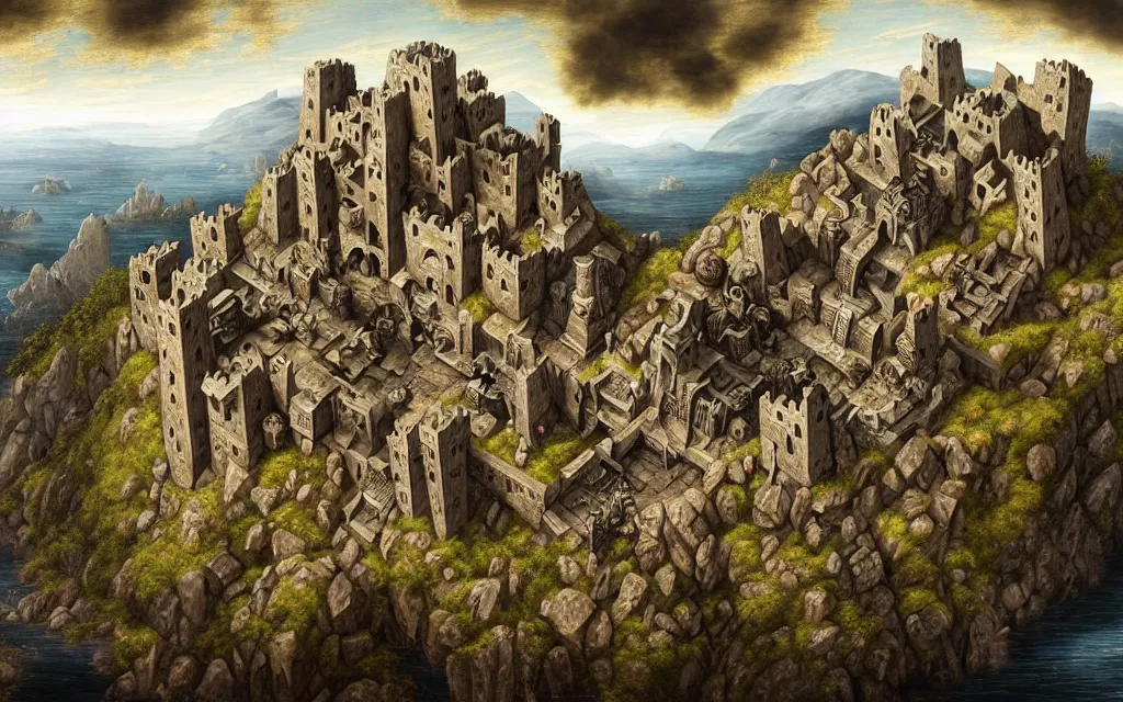 Image similar to aerial view of a dwarven fortress chiseled into the side of a mountain, a baroque oil painting, ominous, epic, medieval fantasy landscape, deep halls, runes, torches, waterwheels, windmills, ornate jewels, trading depots, extremely detailed, sharp focus