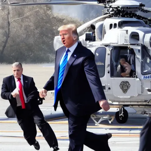 Image similar to donald trump running from the police, helicopters and explosions in the background