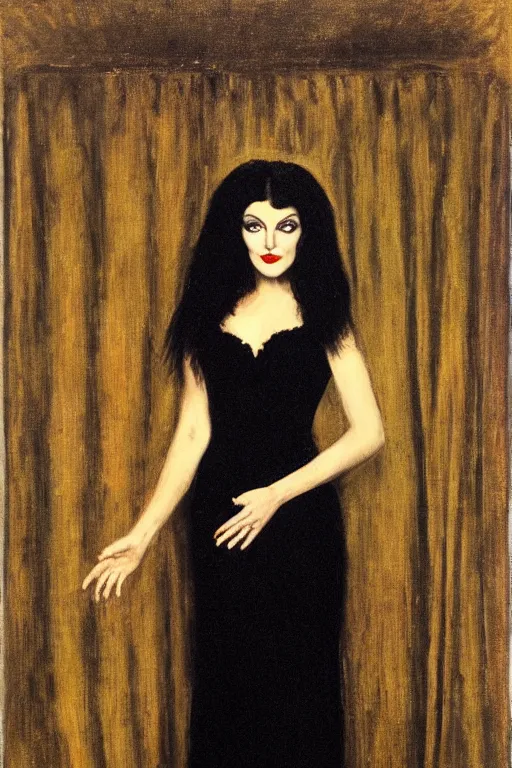 Image similar to upper body portrait deanna troi as morticia addams by alfred stevens