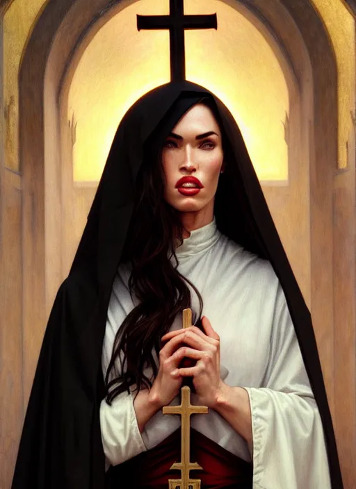 Image similar to portrait of megan fox as a nun with vampire bitemarks, catholic, church, bible, christian, intricate, headshot, highly detailed, digital painting, artstation, concept art, sharp focus, cinematic lighting, illustration, art by artgerm and greg rutkowski, alphonse mucha, cgsociety