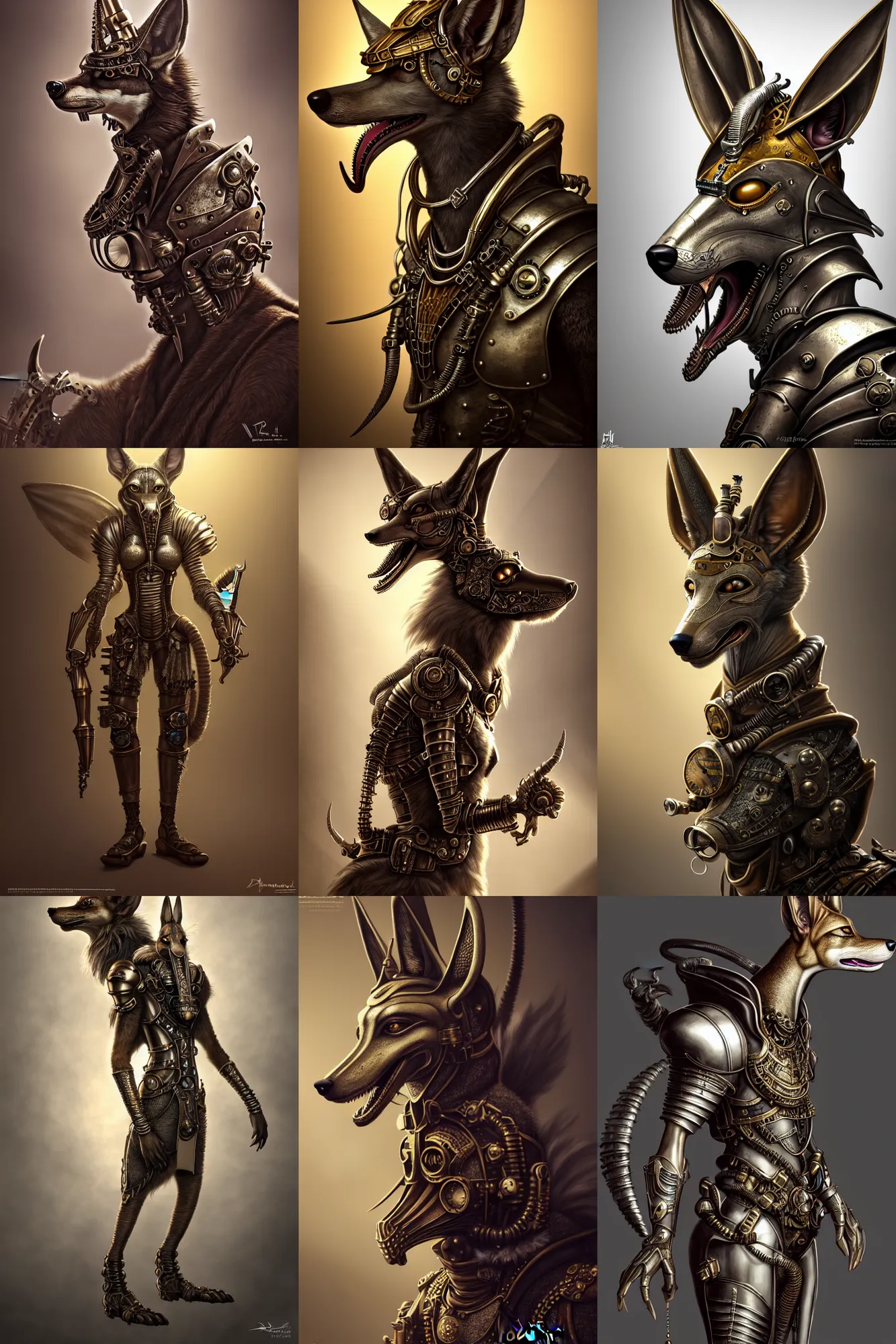 Prompt: anthropomorphic jackal wearing steampunk armor, beautiful natural rim light, intricate, fantasy, anubis, elegant, hyper realistic, photo realistic, ultra detailed, concept art, octane render, beautiful natural soft rim light, silver details, elegant, ultra detailed, dustin panzino, giger, mucha