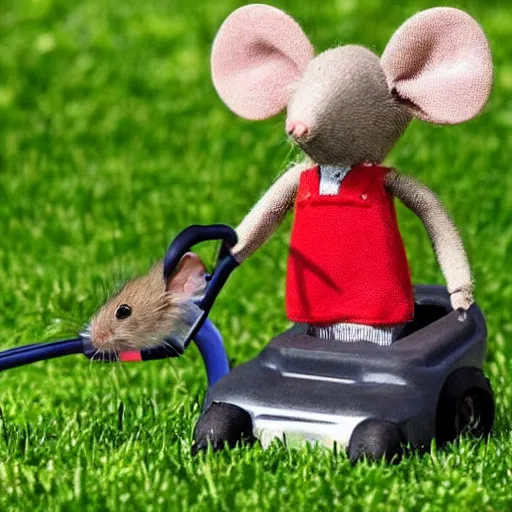 Prompt: a mouse using a tiny lawnmower. The mouse mows the lawn Infront of it's apple house. The house is carved into an apple.
