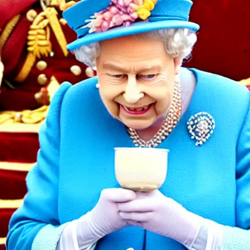 Prompt: the queen eating a muller rice pudding