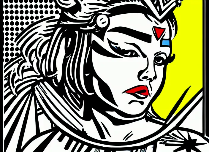 Image similar to a fat valkyrie. roy lichtenstein style. halftone dots. full color. comic book look