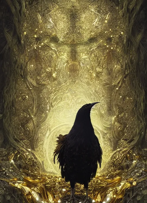 Image similar to best book cover design, glowing silver and golden elements, full close-up portrait of realistic crow with gems, book cover, green forest, white moon, establishing shot, extremly high detail, photo-realistic, cinematic lighting, by Yoshitaka Amano, Ruan Jia, Kentaro Miura, Artgerm, post processed, concept art, artstation, matte painting, style by eddie mendoza, raphael lacoste, alex ross