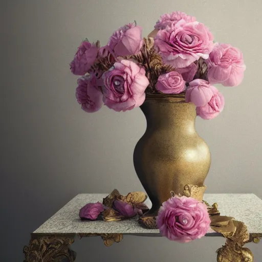 Image similar to 8k, octane render, realism, tonalism, renaissance, rococo, baroque, renaissance art studio, pale pink flowers, gold leaf flowers