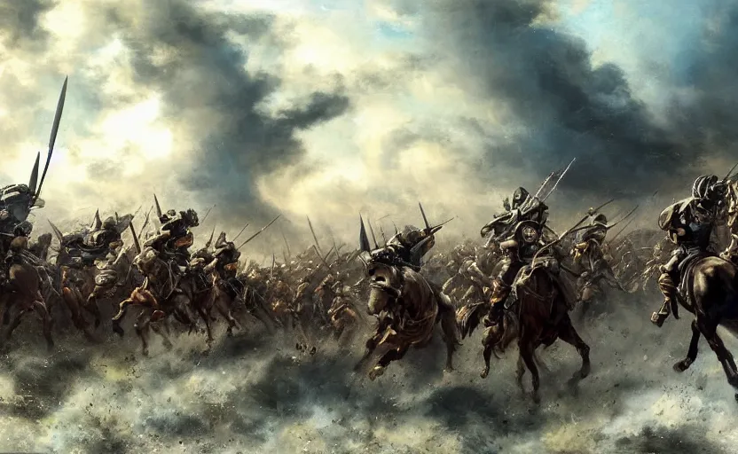 Image similar to dramatic cinematic artwork from above an army of warriors charging toward the enemy with the commander at the front with his sword raised by greg rutowski