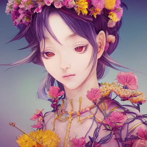 Image similar to the portrait of an absurdly beautiful, graceful, elegant young anime woman made of bananas and petals looking up, an ultrafine detailed illustration by kim jung gi, irakli nadar, intricate linework, bright colors, octopath traveler, final fantasy, angular, unreal engine 5 highly rendered, global illumination, radiant light, detailed and intricate environment