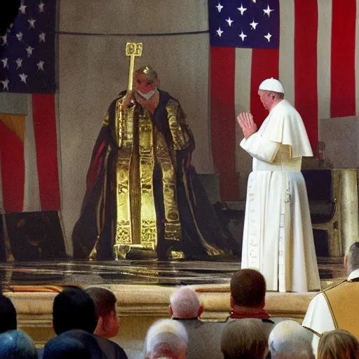 Image similar to pope kneeling in front of donald trump, detailed by greg manchess, craig mullins, bernie fuchs, walter everett