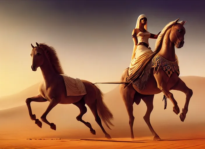 Prompt: arabian knight on arabian horse in the desert, sand environment, illustration, symmetrical, smoky, unreal engine, colors, epic scene, fantasy art by greg rutkowski, octane redner, golden raito, high quality, intricate details, highly details, intricate, atmosphere, highly detailed, matte painting, cinematic, deviantart, realistic, concept art, 4 k