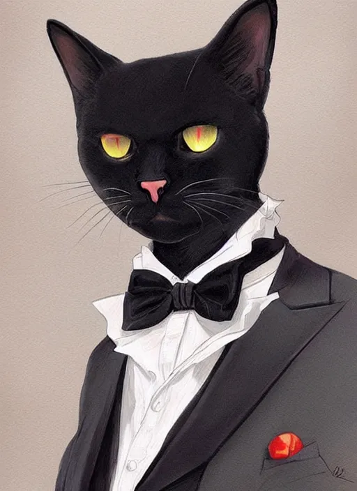 Prompt: portrait of a serious and intelligent black cat scholar!! in a retro!!!! suit, digital art by artgerm and greg rutkowski