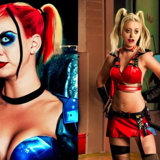 Prompt: A still of Kaley Cuoco as Harley Quinn, full-figure