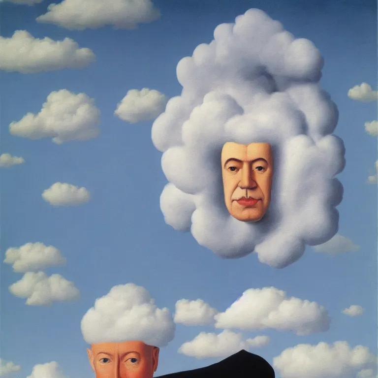 Image similar to portrait of a cloud head man by rene magritte, detailed painting, hd, hq, high resolution, high detail, 4 k, 8 k