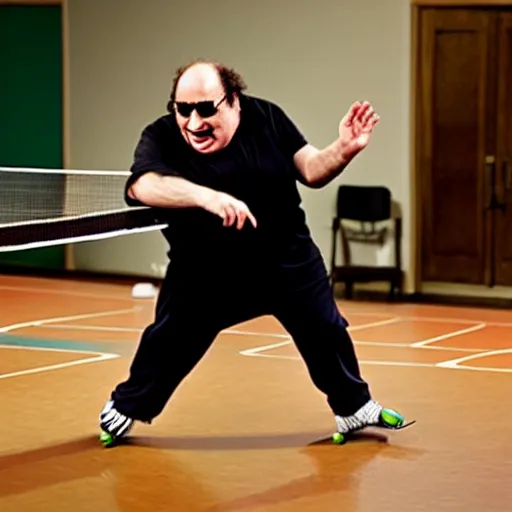 Image similar to danny de vito playing ping pong on skates