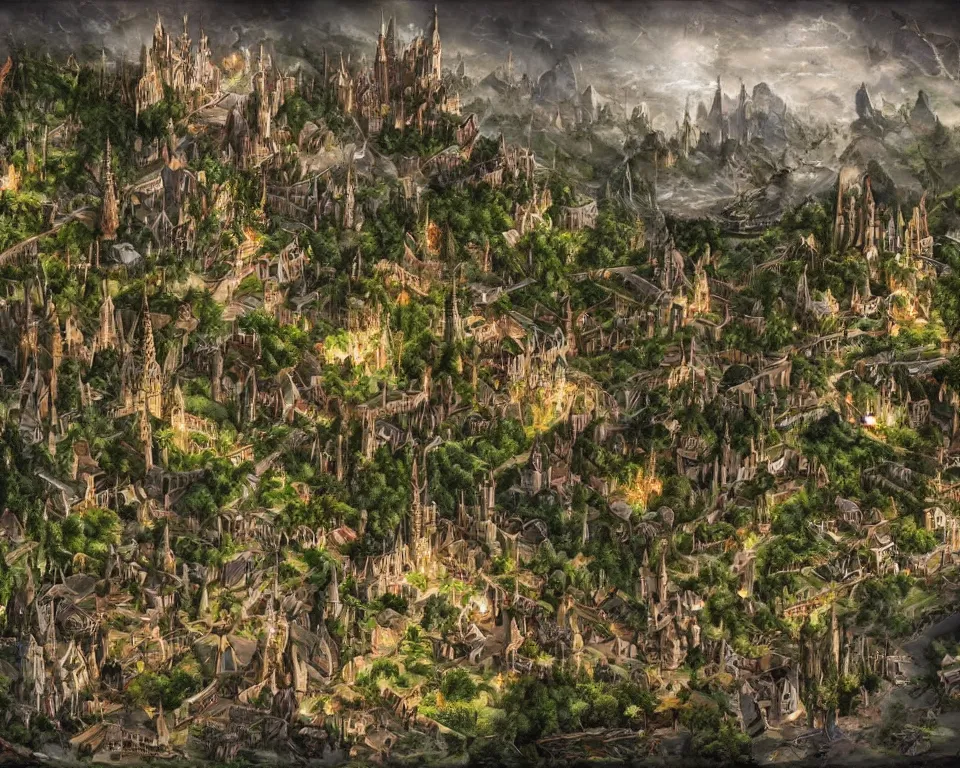 Image similar to medieval elven city, magical, faerie, fanciful