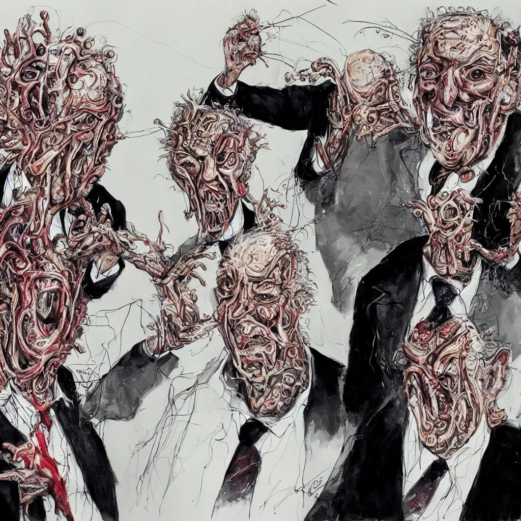 Image similar to Jacob Rothschild and george soros by Ralph Steadman, illustration, body horror, biopunk, 8k , trending on artstation