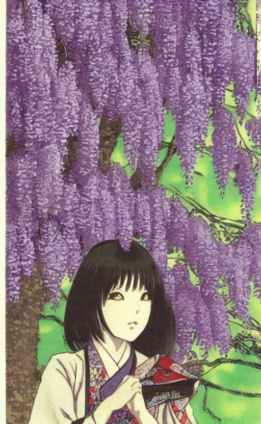 Prompt: by akio watanabe, manga art, a girl and a wisteria tree, trading card front, kimono, realistic anatomy