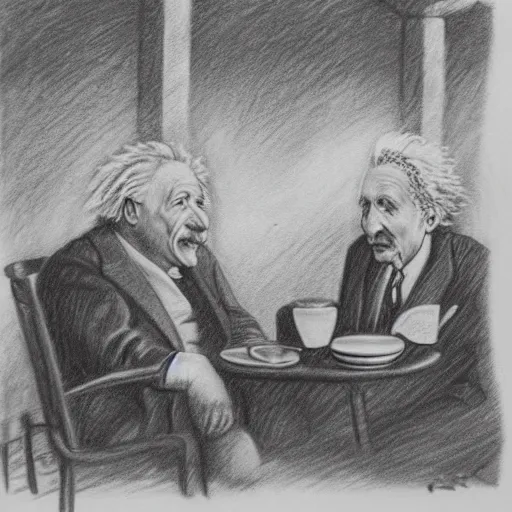 Image similar to Einstein and Tesla sitting at cafe, pencil drawing, ultra detailed