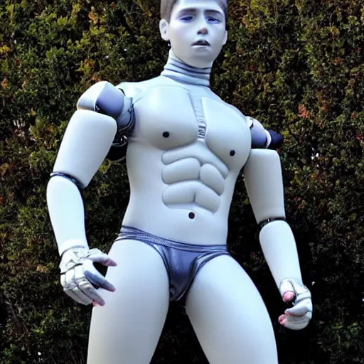 Image similar to a realistic detailed photo of a guy who is an attractive humanoid who is half robot and half humanoid, who is a male android, wrestler nick suriano, shiny skin, posing like a statue, blank stare, by the pool, on display, showing off his muscles, humanoid robot, frozen ice statue