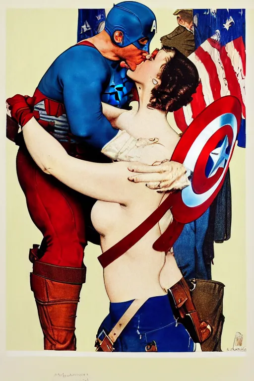 Image similar to norman rockwell painting of captain america kissing donald trump