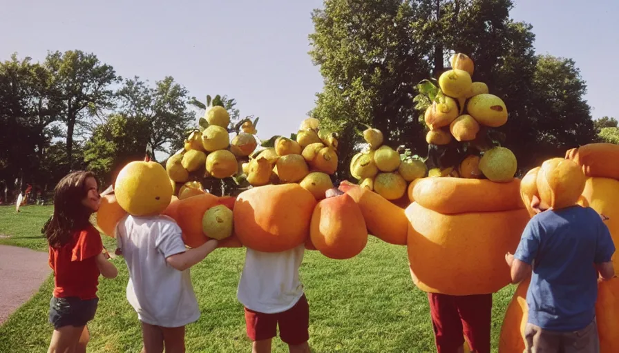 Image similar to 1990s candid photo of a beautiful day at the park, cinematic lighting, cinematic look, golden hour, large personified costumed fruit people in the background, Enormous fruit people mascots with friendly faces, kids talking to fruit people, UHD