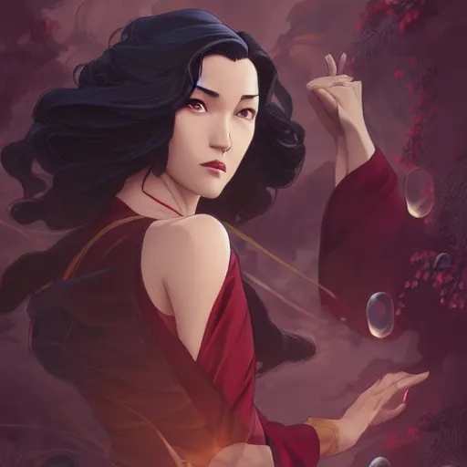 Image similar to Asami Sato from The Legend of Korra, fantasy, intricate, elegant, highly detailed, digital painting, artstation, concept art, matte, sharp focus, illustration, art by Artgerm and Greg Rutkowski and Alphonse Mucha