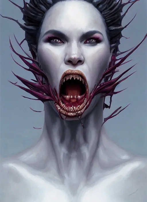 Prompt: a detailed face portrait of the queen of blades with vampire fangs and tongue sticking out, by dorian cleavenger, greg rutkowski, wlop, astri lohne, zdzisław beksinski trending on artstation