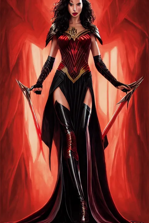 Image similar to Gal Gadot as a vampire queen, black and red silk clothing, sitting on throne, Full body shot, D&D, fantasy, intricate, elegant, highly detailed, digital painting, artstation, concept art, matte, sharp focus, illustration, hearthstone, art by Artgerm and Greg Rutkowski and Alphonse Mucha