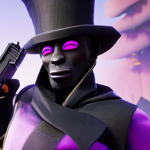 Prompt: an anthropomorphic black goat wizard in fortnite, black wizard robes, holding a gun