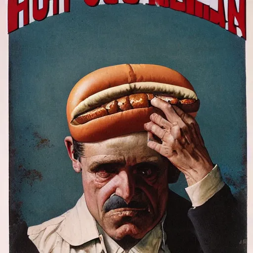 Image similar to hot dog headed man with hard black eyes very scared, rule of thirds, super sharp, 4 k, ultra detailed, norman rockwell, richard corben, epic scope.