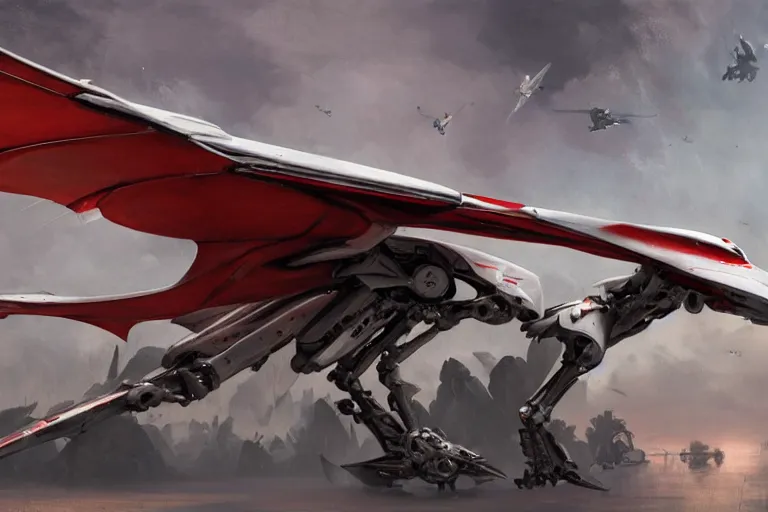 Prompt: a pteranodon mecha interceptor, white john berkey armor panels, wine-red and grey trim, skull insignia, robotech styling with Kanji markings, boeing concept art painting, cinematic lighting, amazing lifelike cinematic photo render