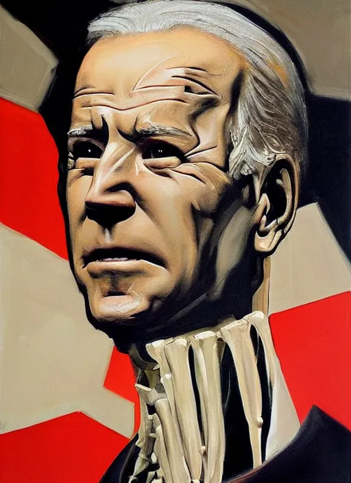 Image similar to joe biden skeleton, deep face features, scary, painting by phil hale, fransico goya,'action lines '!!!, graphic style, visible brushstrokes, motion blur, blurry, visible paint texture, crisp hd image