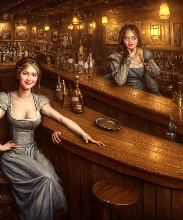 Image similar to hyperrealistic mixed media painting of a beautiful smiling charismatic barmaid, dimly lit cozy tavern, relaxed pose, serving customers at bar, medieval period, stunning 3d render inspired art by Tim Okamura + perfect facial symmetry + dim volumetric lighting, 8k octane beautifully detailed render, post-processing, extremely hyperdetailed, intricate, epic composition, grim yet sparkling atmosphere, cinematic lighting + masterpiece, trending on artstation, very very detailed, masterpiece, stunning