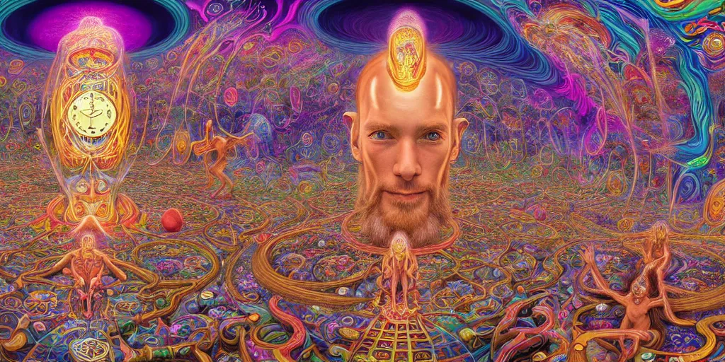 Prompt: hyper detailed portrait of a dmt time elf interacting with a psychedelic traveler, dmt portrait of benevolent time elves sharing their soul frequency, cathedral background, masterpiece composition, 8 k resolution, ultra fine illustration, alex grey, todd schorr, casey weldon, tokio aoyama, highly detailed,