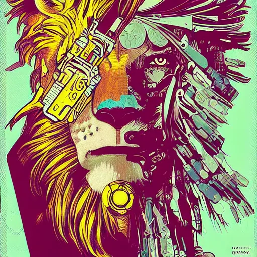 Image similar to cyberpunk lion implants cyborg portrait illustration, pop art, splash painting, art by geof darrow, ashley wood, alphonse mucha, makoto shinkai