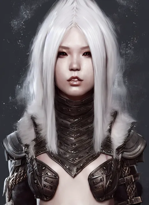 Image similar to barbarian, fur leather armor!!! beautiful and elegant white hair female!! gorgeous ayes!! character concept art, sharp focus, octane render! unreal engine 5! highly rendered!! trending on artstation!! detailed linework!! illustration by artgerm, wlop, and chie yoshii