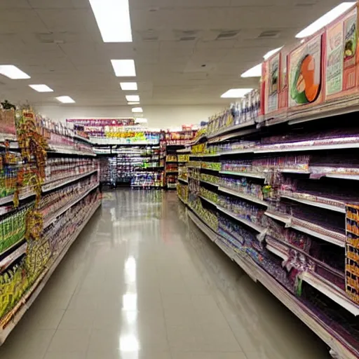 Image similar to photo of a grocery store interior, the aisles is flooded with two meters deep water. eerie, volumetric lighting.