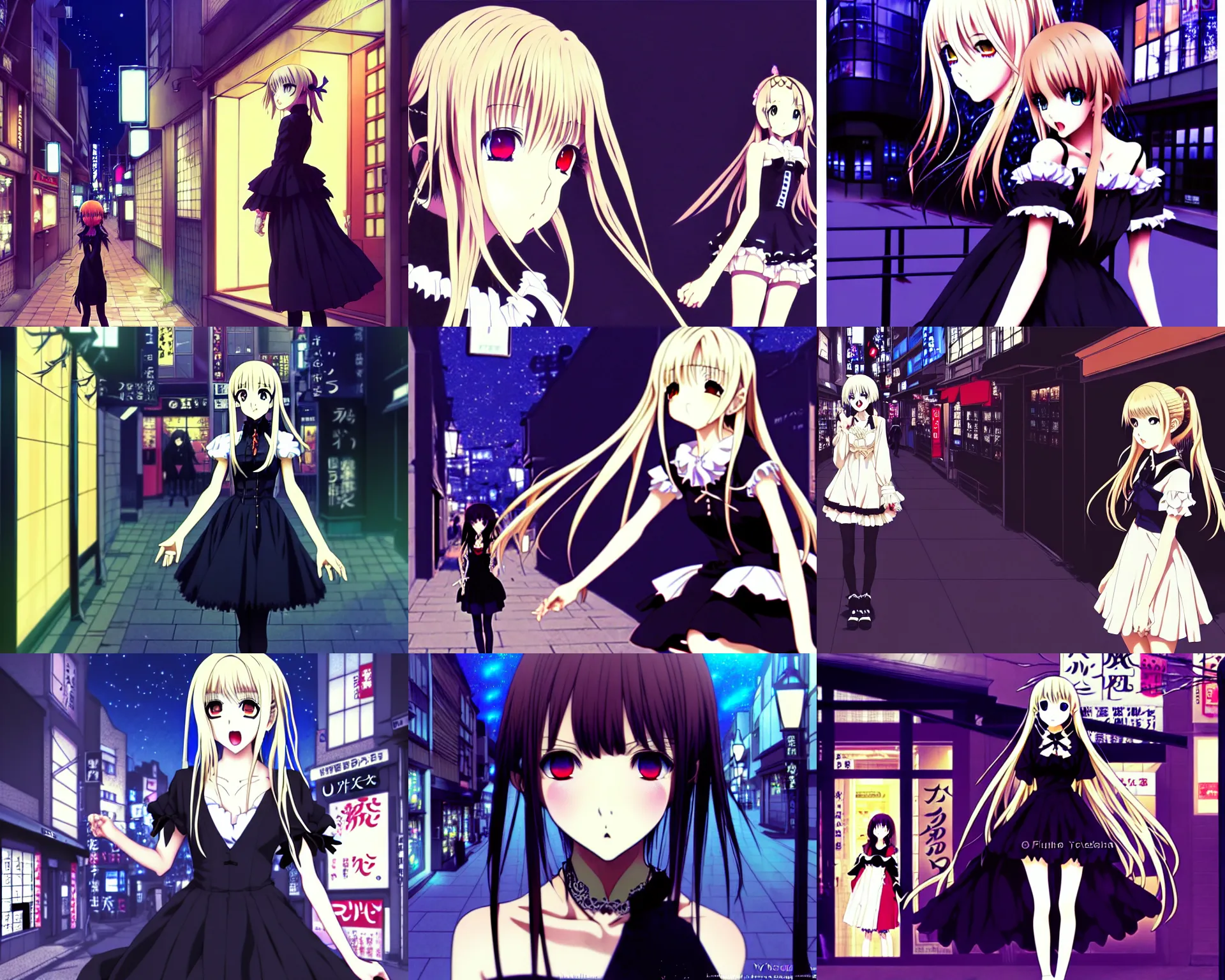 Prompt: anime frames, anime visual, portrait of misa amane in gothic dress shopping outside in shibuya at night, very low light beautiful face by ilya kuvshinov and yoh yoshinari, katsura masakazu, mucha, dynamic pose, dynamic perspective, strong silhouette, anime cels, rounded eyes, blue tint, contrasting shadows