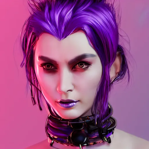 Image similar to headshot artwork of a cyberpunk woman wearing thick steel choker around neck, 4K, detailed face, collar on neck, realistic, artstation, neon purple, purple,