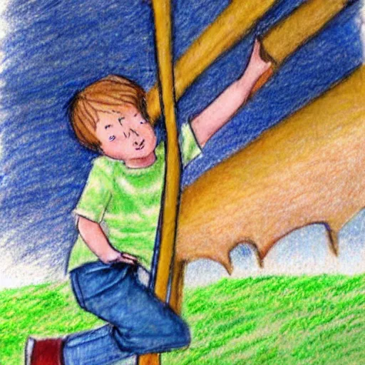 Image similar to children's illustration of a boy playing on a swing, coloured pencil