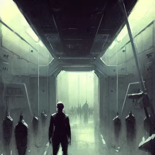 Image similar to concept art by greg rutkowski, a very tall, and slender man with short black hair, sitting with the crew in the ship's bridge, brutalist futuristic interior, dark lighting atmosphere, detailed portraits, nostalgic atmosphere, scifi, digital painting, artstation, concept art, smooth, sharp foccus ilustration, artstation hq