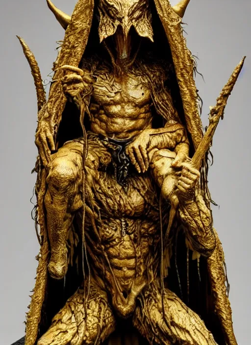 Image similar to photo taken of an epic intricate, ultra detailed, super realistic sculpture of a hooded satanic figure sitting on a nightmarish throne, sculpture on display, created by weta workshop, photorealistic, sharp focus, f 0. 4, face centred, golden ratio