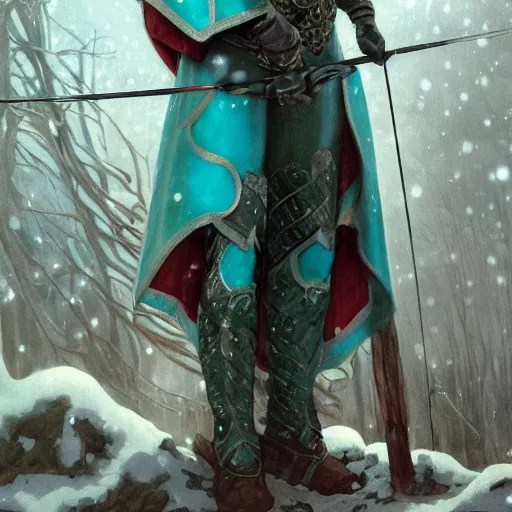 Image similar to half length portrait of a handsome snow elf in a turquoise cape and silver armour, armed with bow and arrow, albino skin, winter vibes, elegant, very coherent symmetrical artwork, atmospheric lighting, rule of thirds, royo, klimt, miro, vallejo, frazetta, alphonse mucha, greg rutkowski, sharp focus, trending on artstation