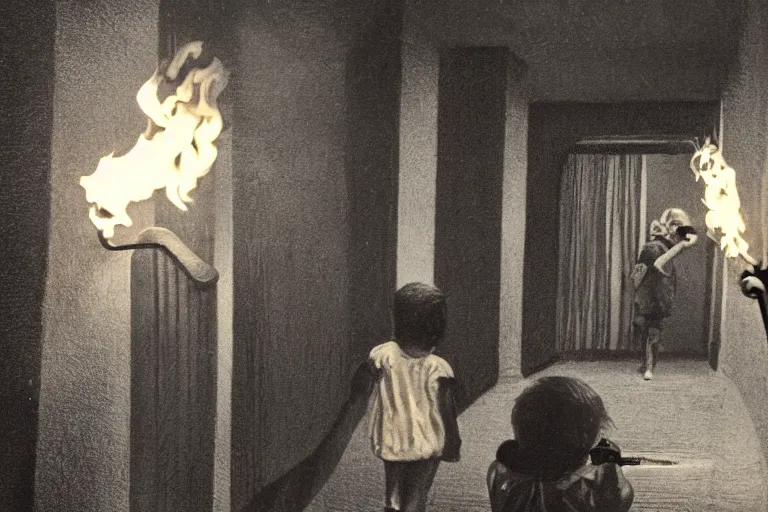 Image similar to a picture of a small child carefully holds torch through hallway filled with nightmarish monsters