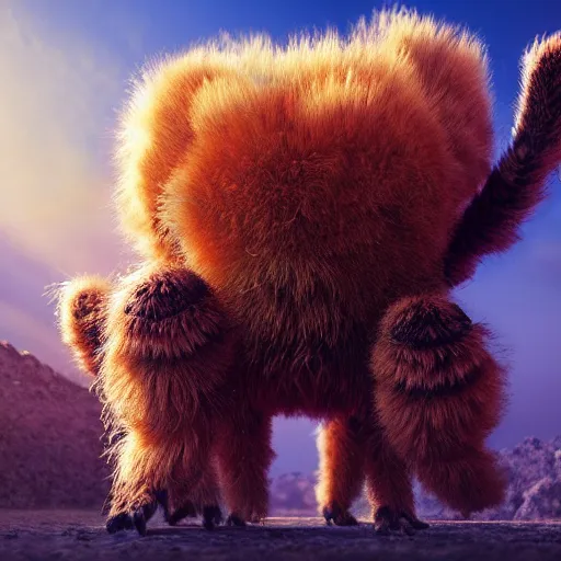 Image similar to colossal fluffy tarantula, golden hour, fantasy, vivid colors, sharp focus, digital art, hyper - realistic, 4 k, unreal engine, highly detailed, hd, dramatic lighting by brom, trending on artstation