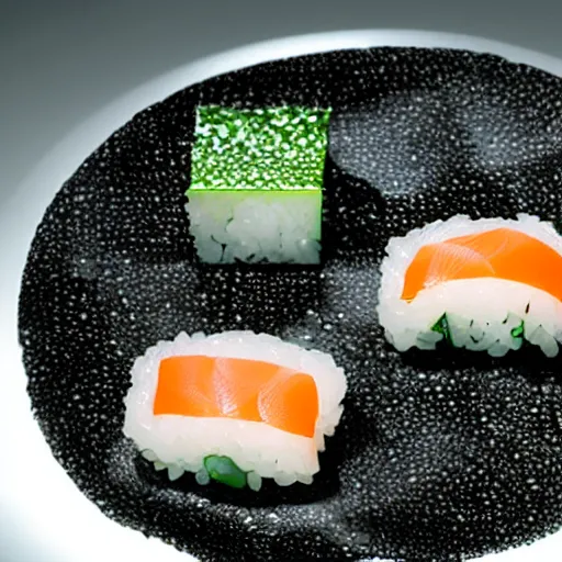 Image similar to a piece of sushi designed by Issey Miyake high detail photo glistening rice and seaweed food photography