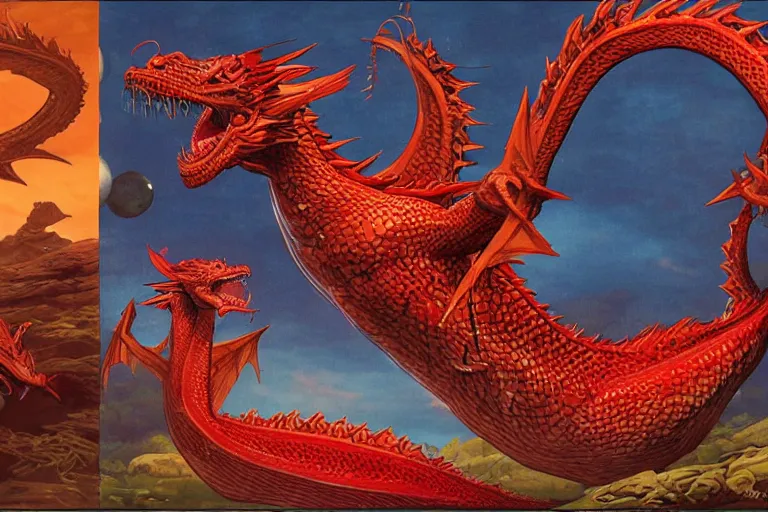 Image similar to red scaled dragon mascot for a fish restaurant by larry elmore and vincent di fate