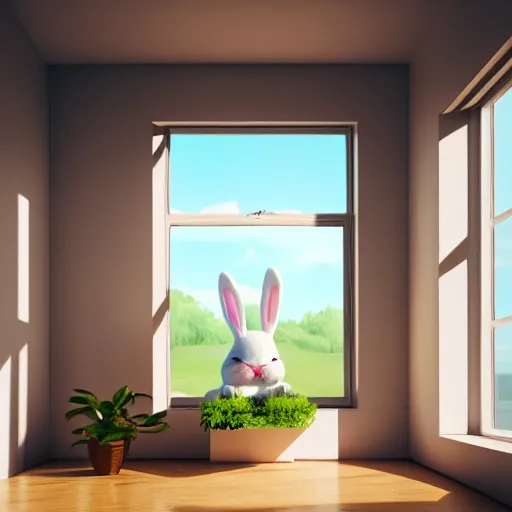 Image similar to beautiful peaceful dreamy painting of a big bunny sitting by a window and looking outside, sunshine coming through the window, small plants on the window sill, 8k, hyper realism, trending on artstation, octane render